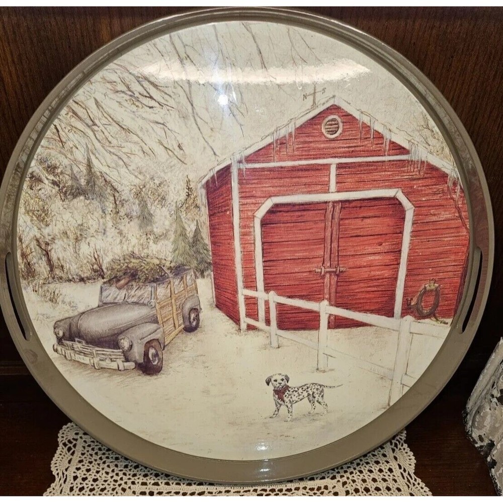Vintage Large Retired Cozy Cottage Heavy Melamine Serving Tray Winter Scene 17"